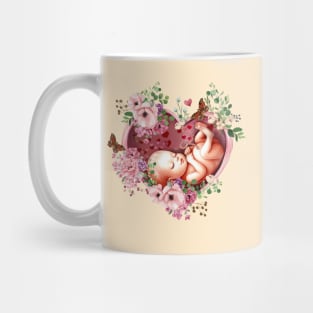 Baby inside the heart shaped womb, fetus, maternity floral botany, fetal, pregnant,vintage anatomy style, anatomy art, student, doctor, medical Mug